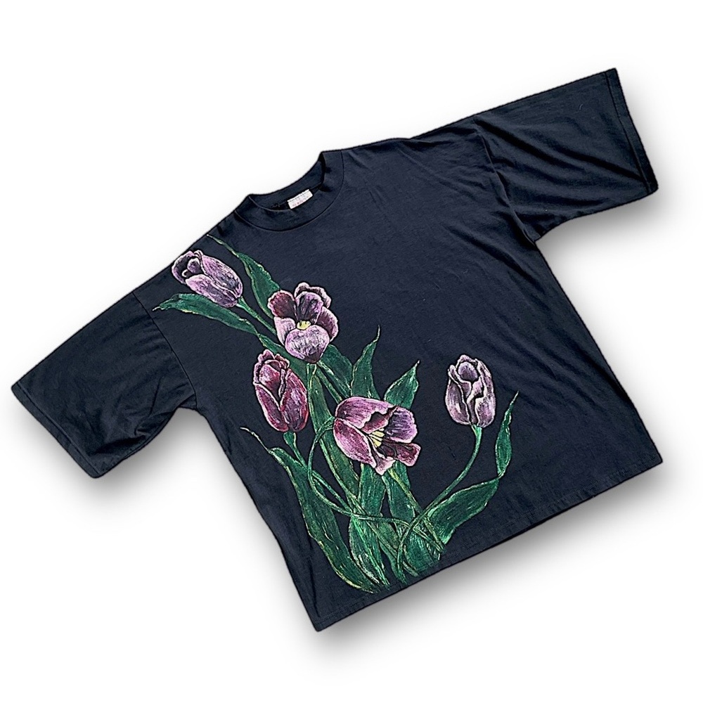 Vintage Black Tee with Pink & Green Floral Tulip Print